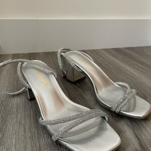 Silver Rhinestone Strap Block Heels